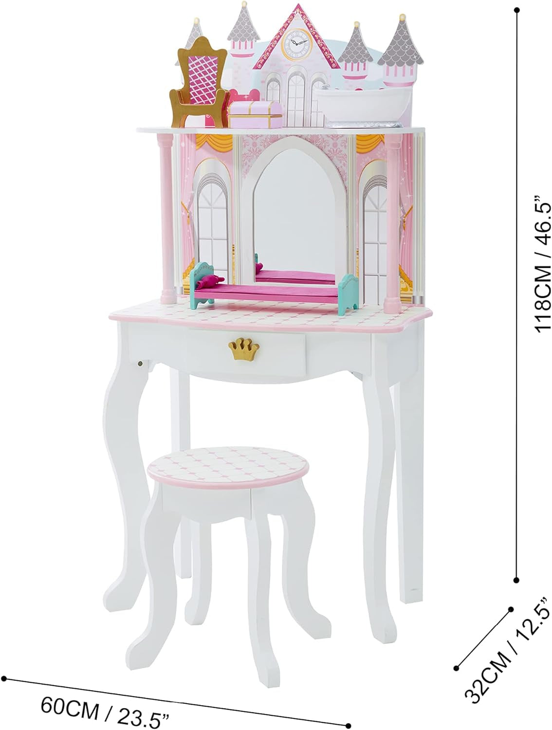 Teamson Kids Dreamland Princess Play Vanity Set with Mirror, Shelf, Storage Drawer, Stool, and Accessories for 12" Dolls, White an Pink