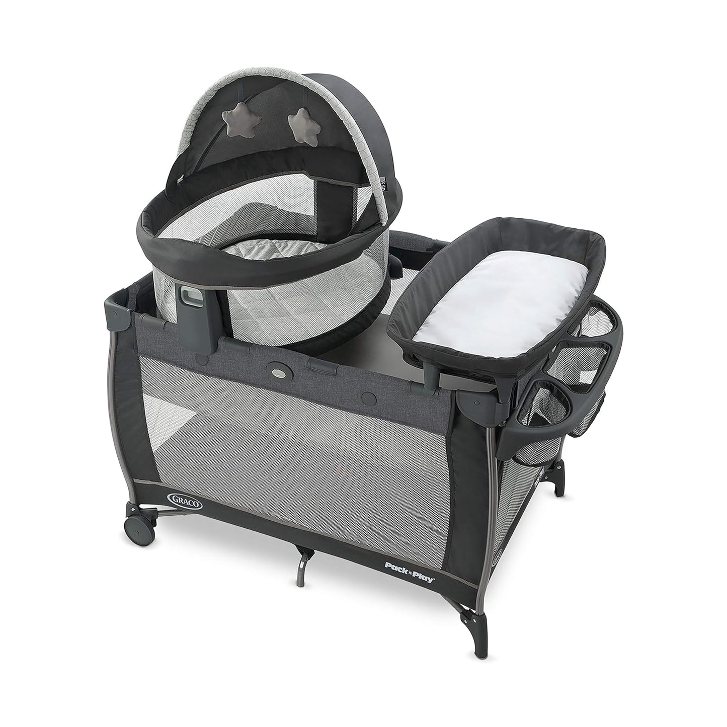 Graco Pack N Play Travel Dome DLX Playard, Astin with Portable Bassinet and Integrated Storage Organizer