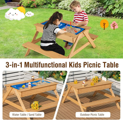 Costzon Kids Picnic Table, 3 in 1 Multipurpose Sand & Water Table W/Removable Top & 2 Storage Boxes, Wooden Construction, Indoor & Outdoor Table Bench Set for Patio, Yard, Activity Play Table