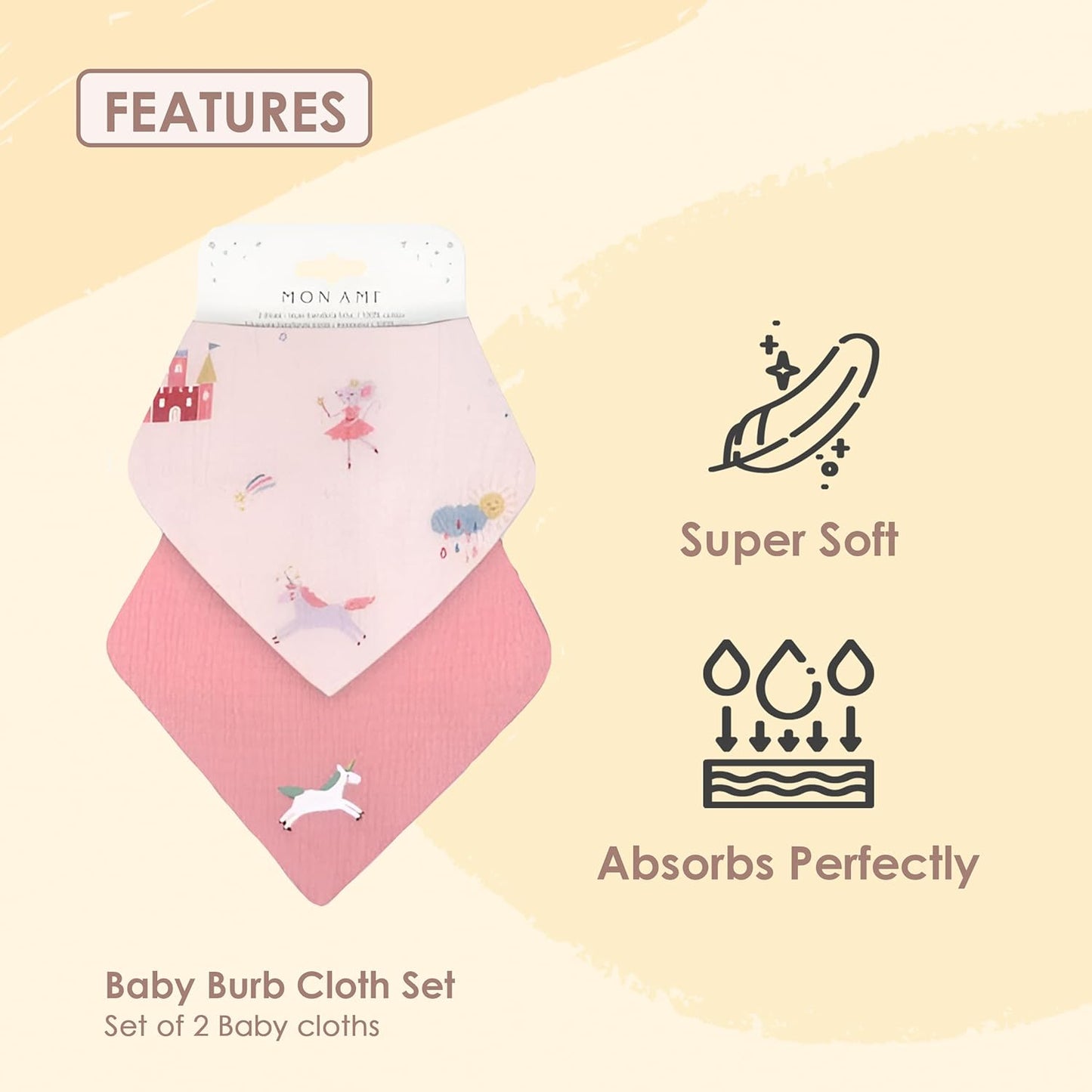 MON AMI Baby Bib Set – 2Pc Pack, Drool Bibs, Cotton Baby Bibs for Girl or Boy, Toddler Bibs for Drooling and Teething