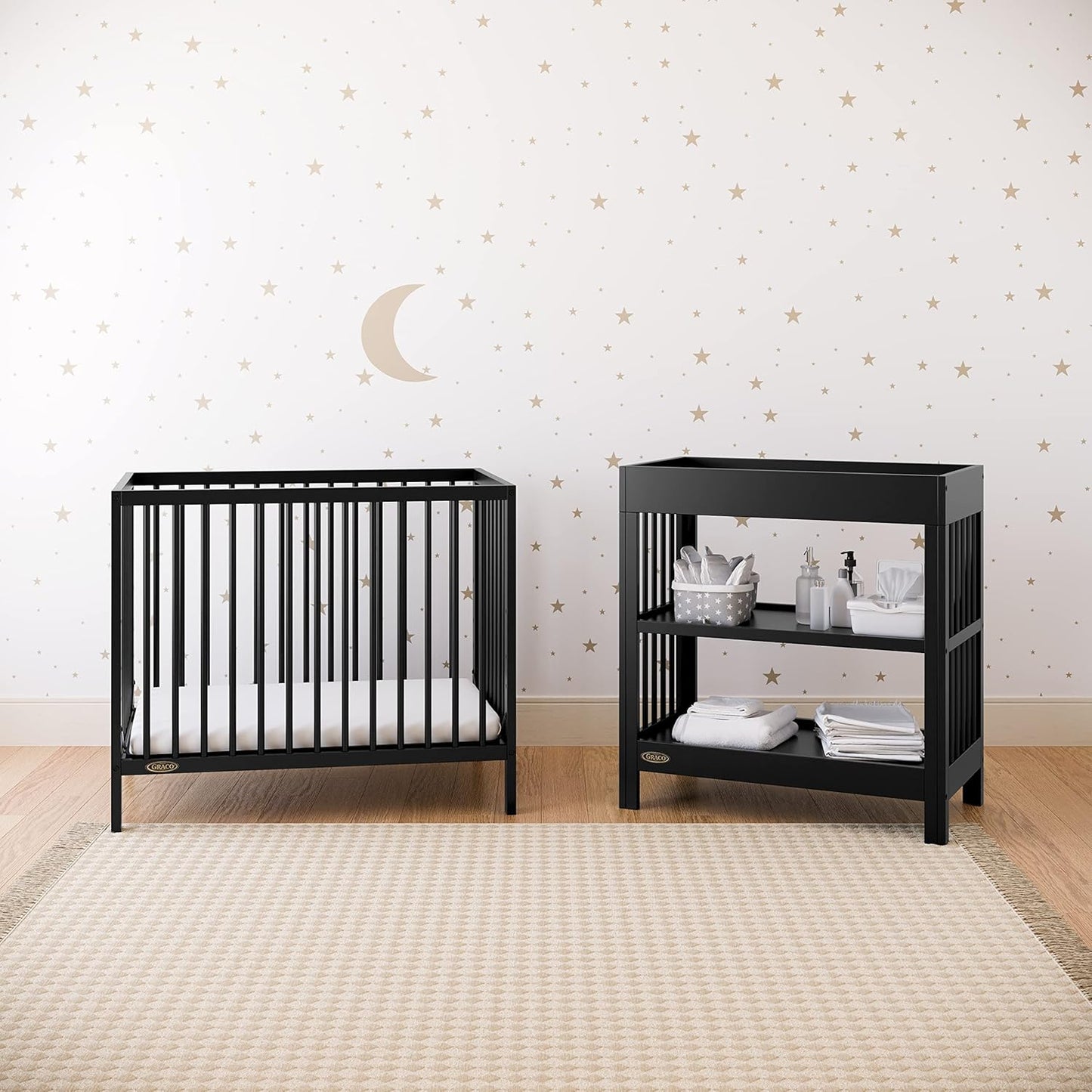 Graco Teddi 4-In-1 Convertible Mini Crib with Bonus Water-Resistant Mattress (Black) – GREENGUARD Gold Certified, 2.75-Inch Mattress Included, Convenient Size, Easy 30-Minute Assembly