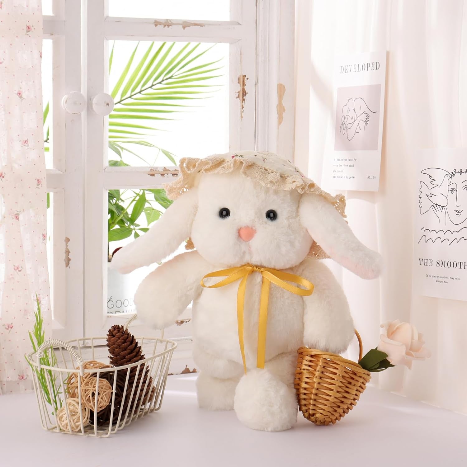 Apricot Lamb Picnic Lop-Eared Rabbit Plush Stuffed Animals for Kids, Soft Cute Rabbit Plush Toys for Baby Girl and Boy, Fluffy Picnic Lop-Eared Rabbit White 8.3 Inches