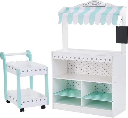 Teamson Kids My Dream Bakery Shop Dessert Stand and Rolling Pastry Cart Interactive Wooden Play Set with 18 Pretend Baked Goods, White and Mint Green with Gray Polka Dot Accents