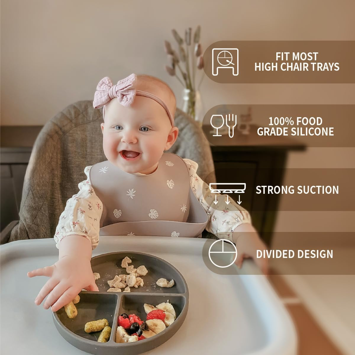 Moonkie Suction Plates for Baby | 100% Silicone Bpa-Free Baby Plates with Lids and Food Cover | Divided Design | Microwave and Dishwasher Safe | Toddler Plates 3 Pack