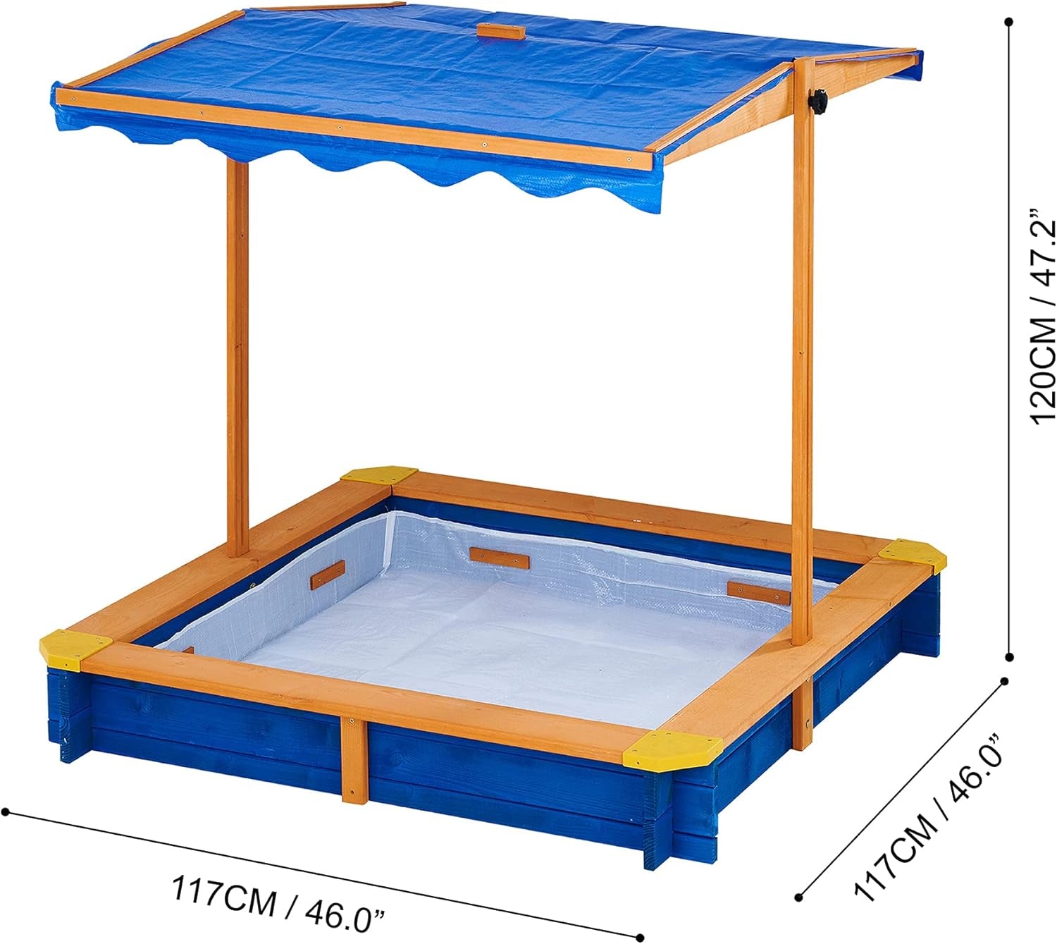 Teamson Kids Outdoor 46 In. X 46 In. Spruce Sand Box with Adjustable Canopy and 300 Lb. Sand Capacity, Blue and Wood