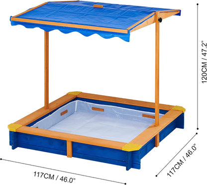 Teamson Kids Outdoor 46 In. X 46 In. Spruce Sand Box with Adjustable Canopy and 300 Lb. Sand Capacity, Blue and Wood