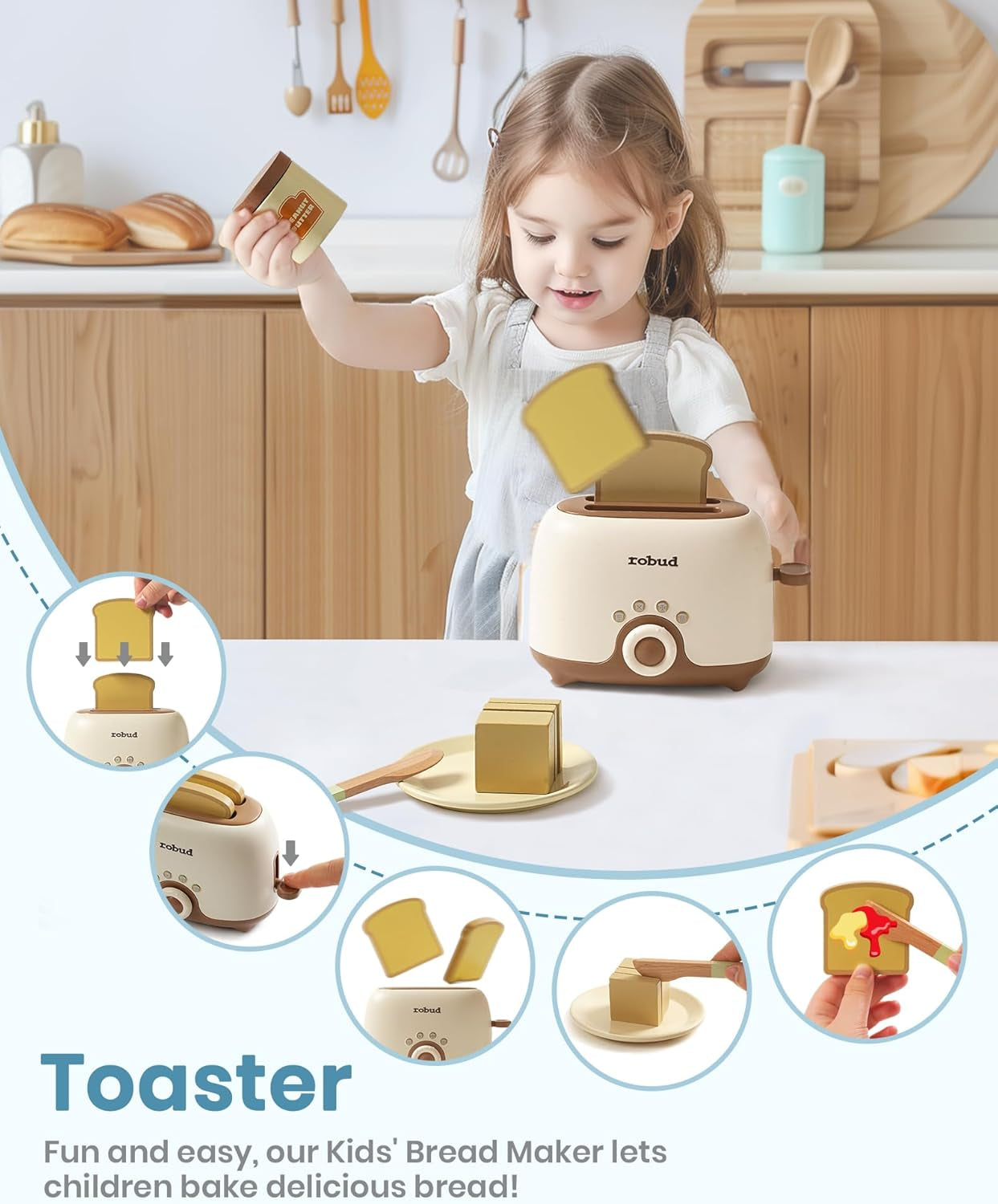 ROBUD Pretend Play Kitchen Appliances, Kids Play Kitchen Toy Food Set with Egg Steamer, Mixer, Toaster, and Blender with Realistic Sounds, Play Kitchen Accessories Fortoddlers (4-Set)