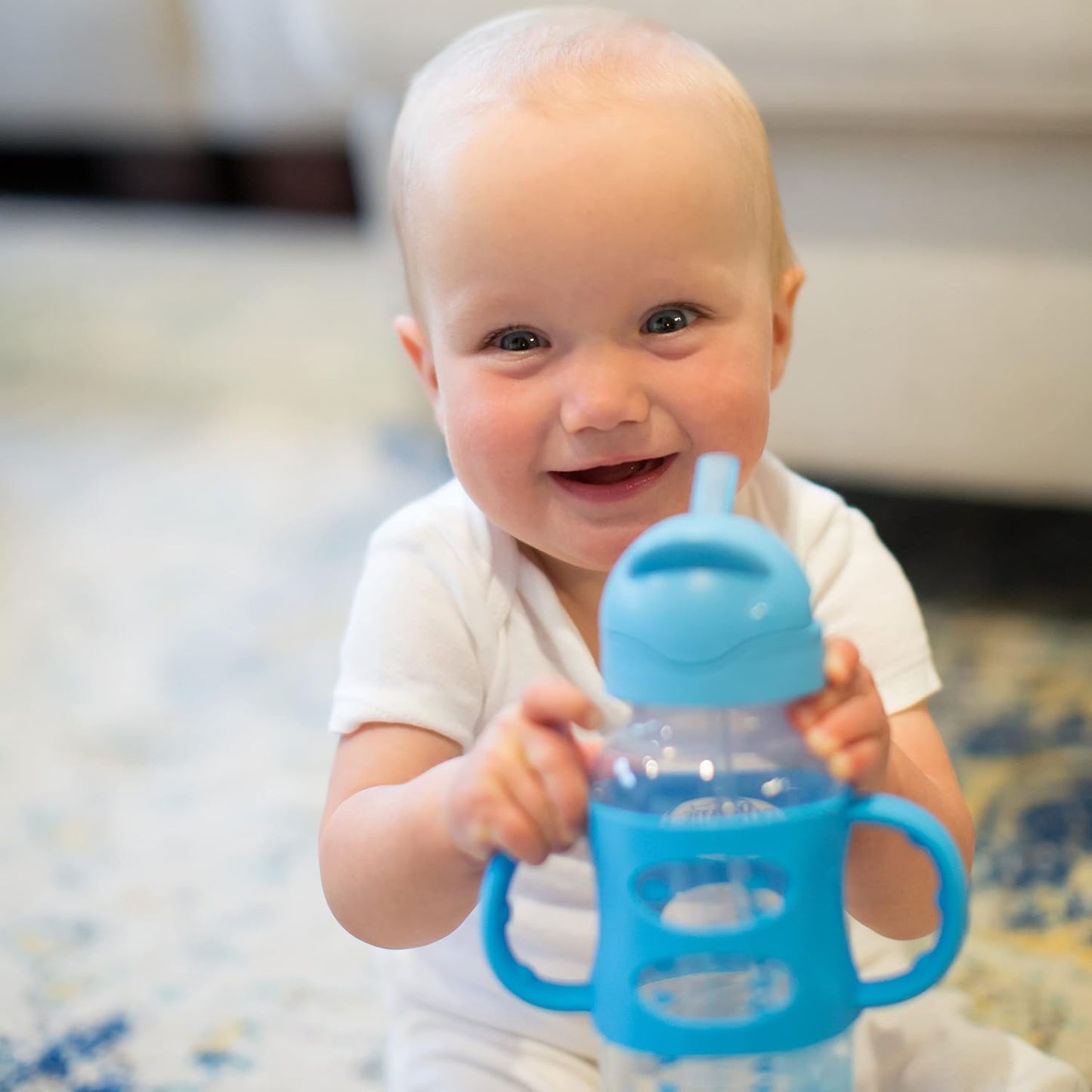 Dr. Brown'S Milestones Wide-Neck Sippy Straw Bottle with 100% Silicone Handles and Weighted Straw, 9 Oz/270 Ml, Blue, 6M+