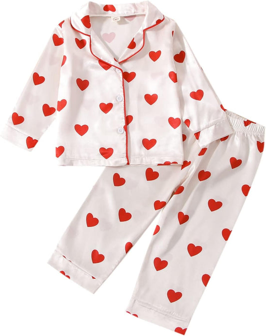 Toddler Baby Kids Satin Pajamas Set, Long Sleeve Button-Down Sleepwear Pjs for Girls