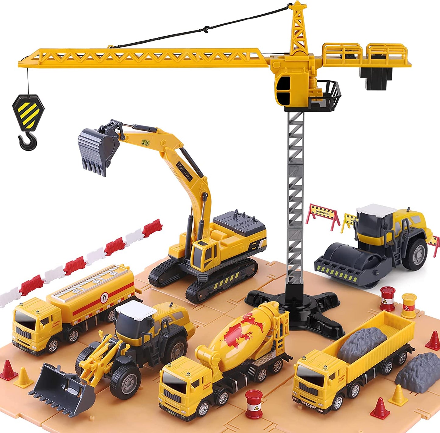 Iplay, Ilearn Construction Site Vehicles Toy Set, Kids Engineering Playset, Tractor, Digger, Crane, Dump Trucks, Excavator, Cement, Steamroller, Birthday Gift for 3 4 5 Year Old Toddlers Boys Children