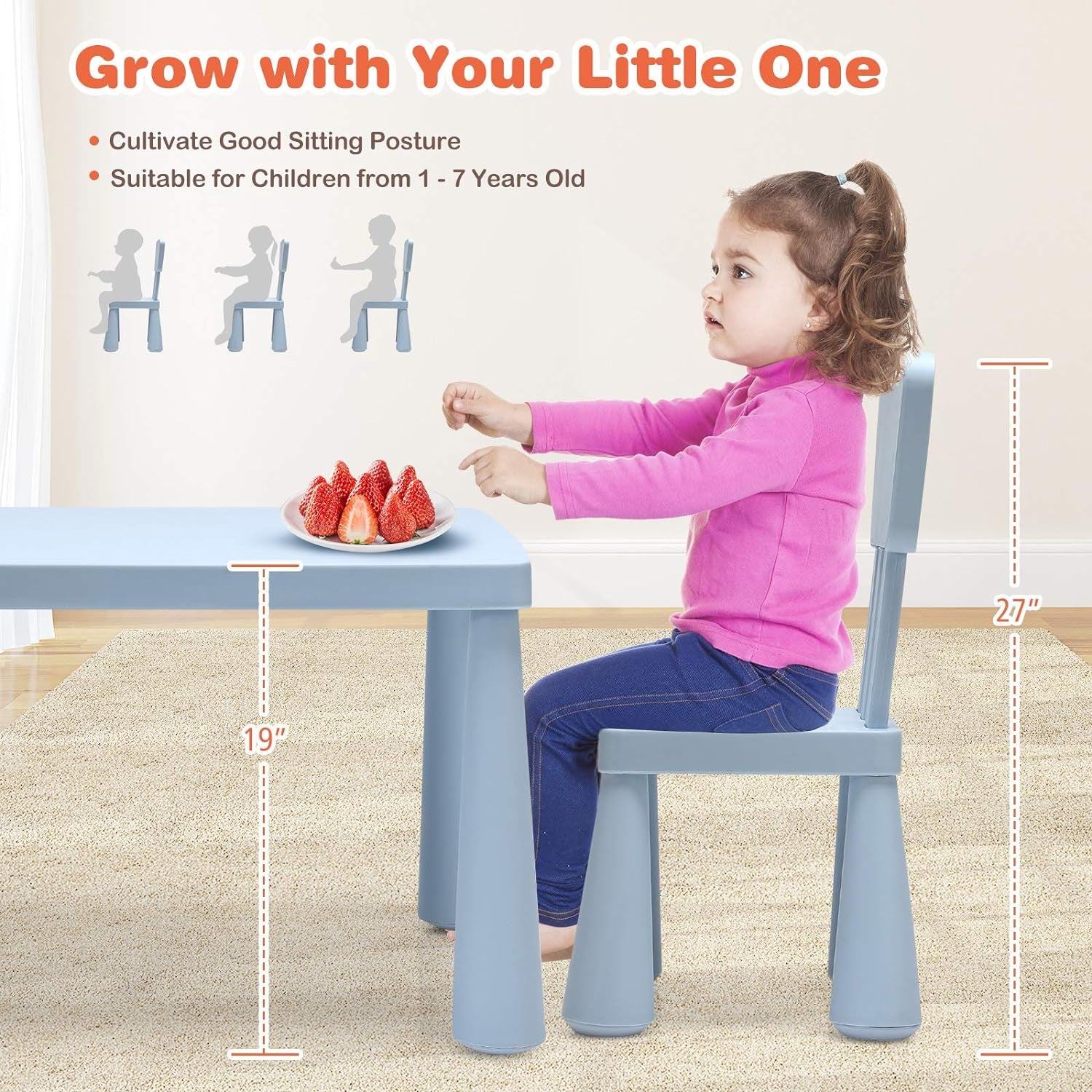 Costzon Kids Table and Chair Set, 3 Piece Plastic Children Activity Table for Reading, Drawing, Snack Time, Arts Crafts, Preschool, Kindergarten & Playroom, Easy Clean, Toddler Table & Chair (Blue)