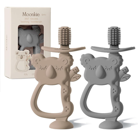 Moonkie Teething Toy Set of 2, Safe & Easy to Hold BPA Free Silicone Teethers, 360° Baby Toothbrush with Suction Base, Teether Toys Best for Babies 6-12 Months (Koala Warm Taupe/Lunar Grey)