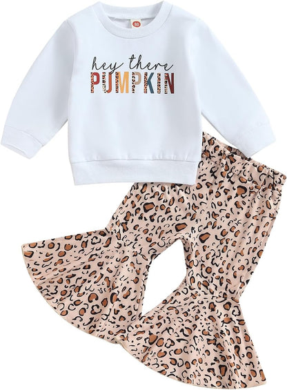 Baby Girl Halloween Outfit Pumpkin Pie Crewneck Sweatshirt Shirt Top Bell-Bottom Pants Sets Cute Toddler Clothes