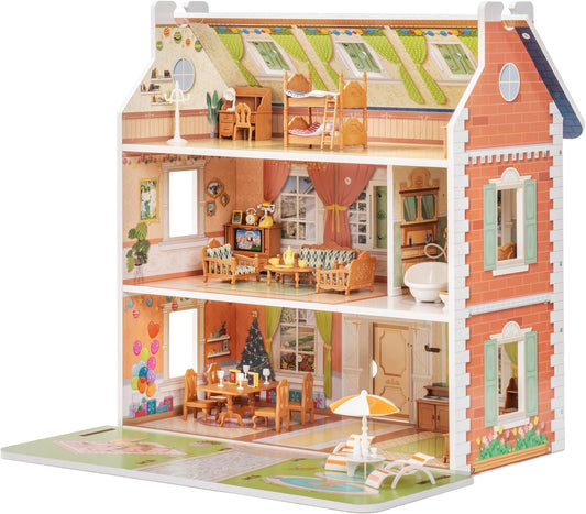 ROBUD Wooden Dollhouse for Kids Girls, Pretend Play Toy Gift for 3 4 5 6 Years Old Girls Boys