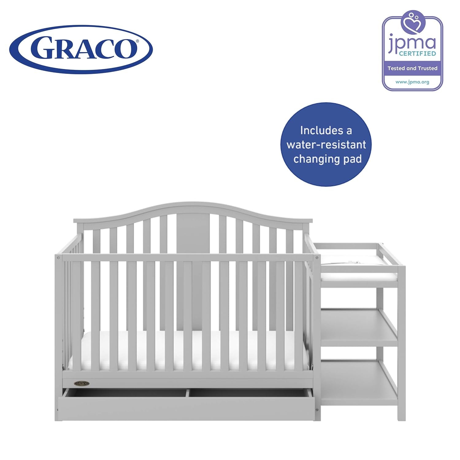 Graco Solano 4-In-1 Convertible Crib and Changer with Drawer (Pebble Gray) – Crib and Changing Table Combo with Drawer, Includes Changing Pad, Converts to Toddler Bed, Daybed and Full-Size Bed