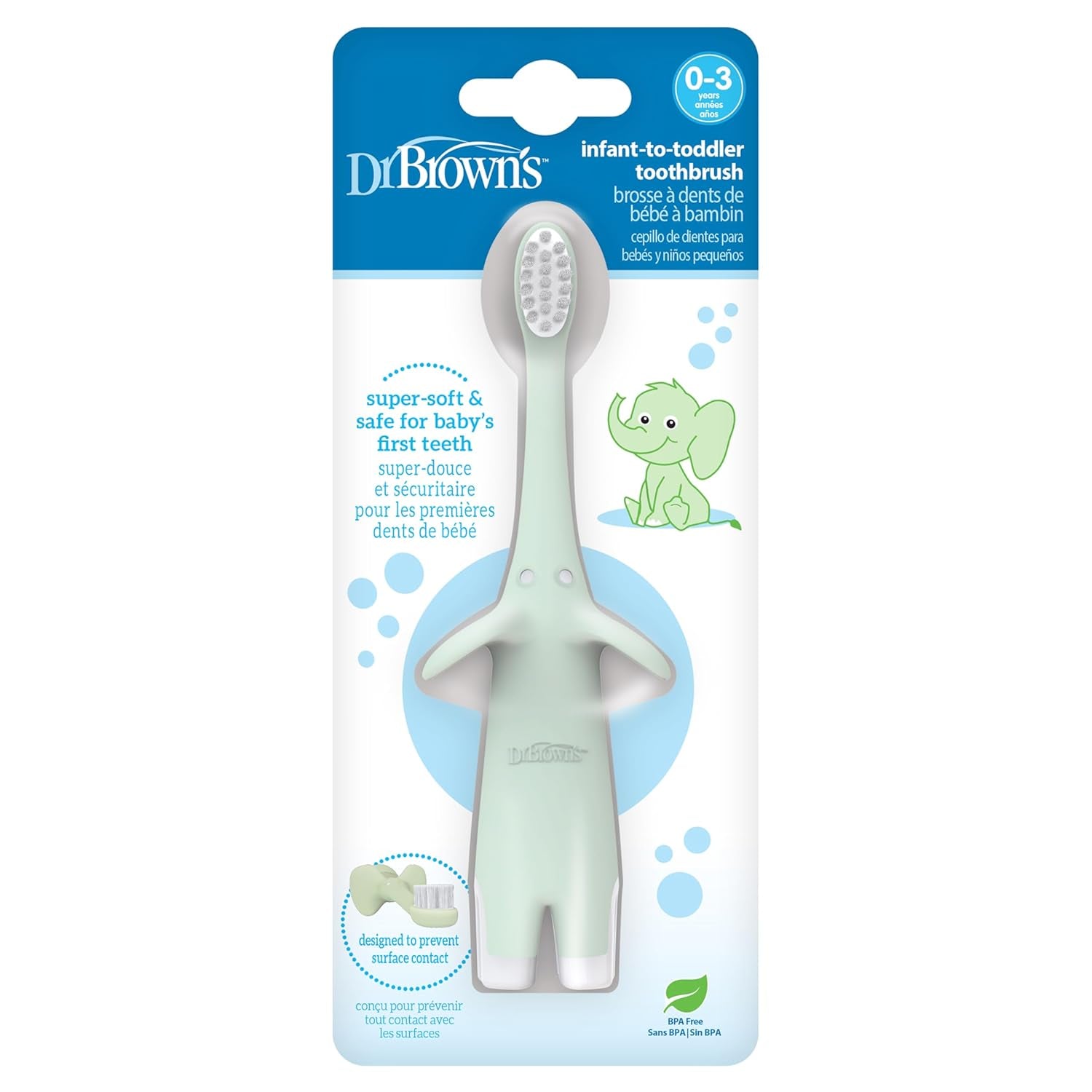 Dr. Brown'S Infant-To-Toddler Toothbrush, Soft and Safe Baby Training Brush, Elephant, Mint, 0-3 Years (Styles May Vary)