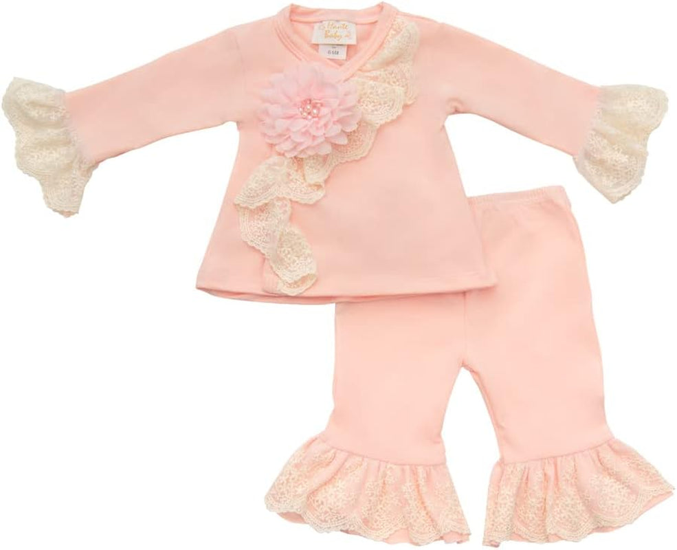 Haute Baby Chic Petite Baby Girl Crisscross Floral Sleeve Tops Pants Clothes Set Infant Newborn- Pink