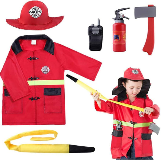 Iplay, Ilearn Kids Firefighter Costume, Toddler Fireman Dress Up, Fire Pretend Chief Outfit, Halloween Role Play Career Suit W/Walkie Talkie Hose, Party Birthday Gift for 3 4 5 6 7 Year Old Boy Girl