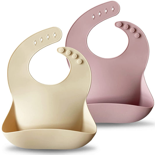 Moonkie Silicone Baby Bibs Set of 2 | BPA Free Waterproof | Soft Durable Adjustable Silicone Bibs for Babies & Toddlers(Pale Mauve/Shifting Sand)