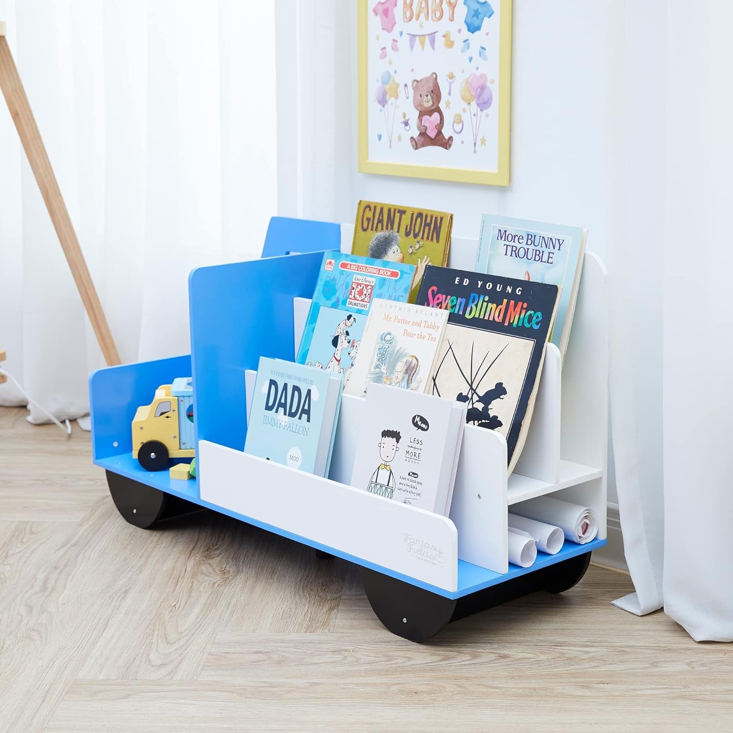 Fantasy Fields Toddler Storage Kids Bookcase 3-Tier Truck Display Bookshelf, Blue and White