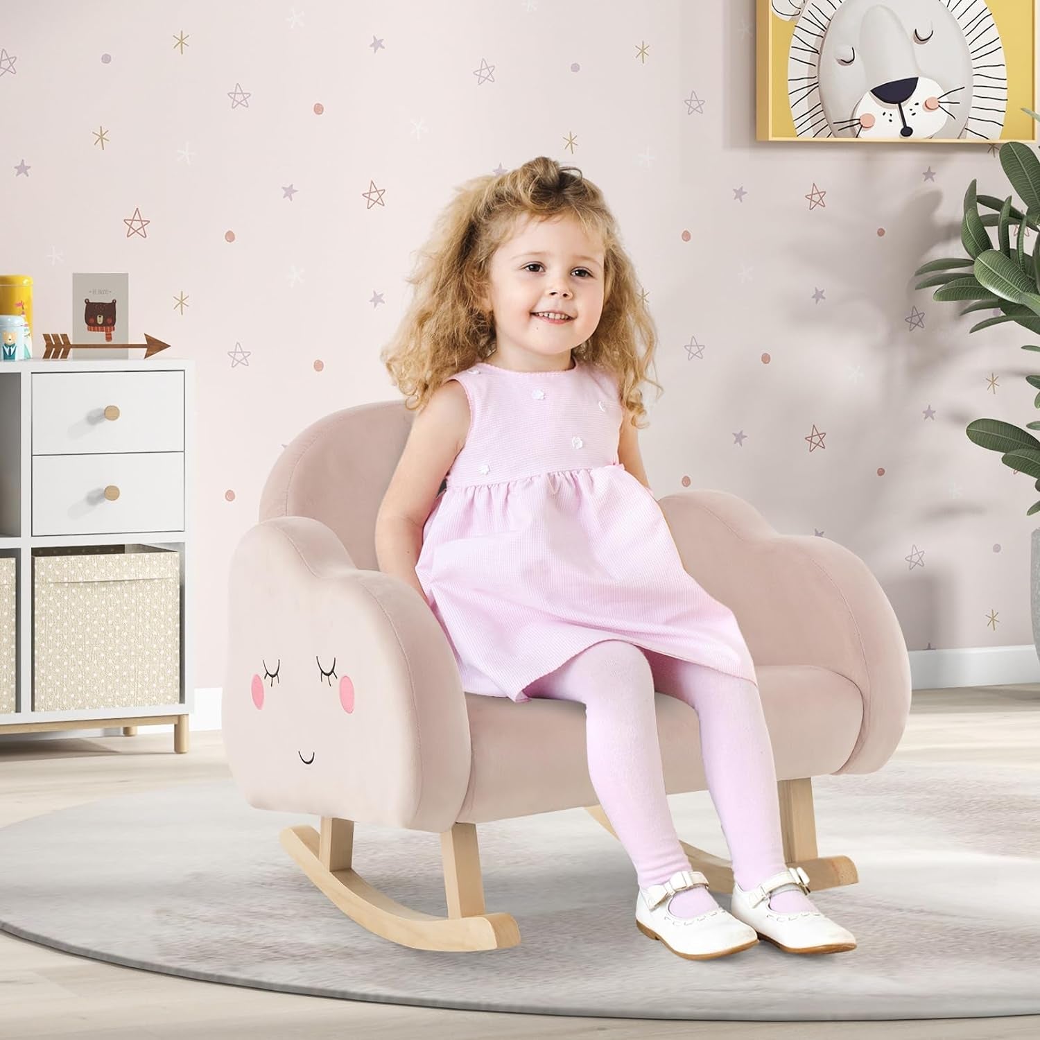 Costzon Kids Sofa, Rocking Chair with Solid Wood Frames, Velvet Fabric, Anti-Tipping Design for Kids Room, Nursery, Preschool, Birthday Gift for Boys Girls, Toddler Furniture Armchair (Light Pink)