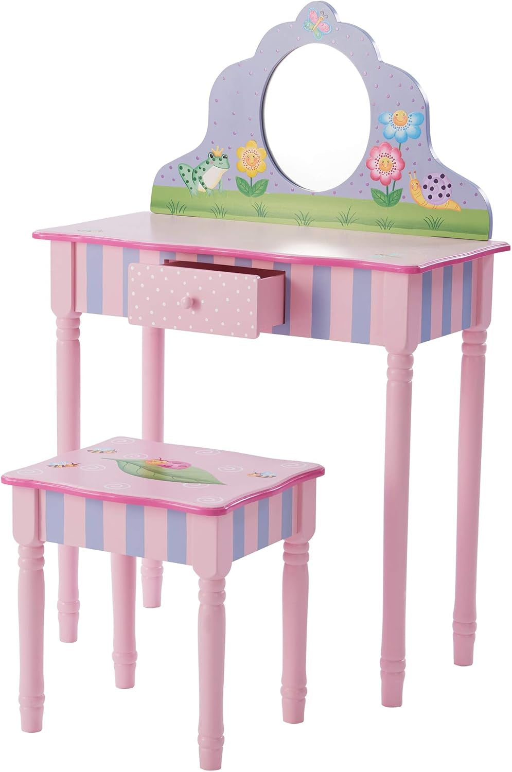 Fantasy Fields - Princess & Frog Kids Vanity Table and Stool Set , 1 Drawer, Gift for Kids, White Pink, Crown