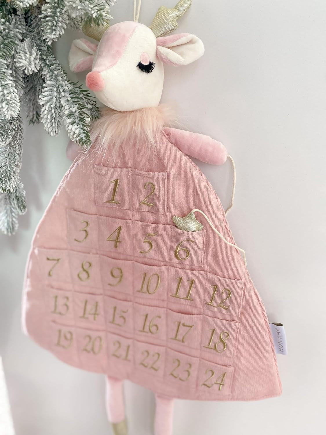 MON AMI Holiday Reindeer Inspired Soft Plush Advent Countdown to Christmas Calendar, Wall Hanging, Christmas Decor, Fabric Calendar, Home & Office Decoration, 26IN, Pink