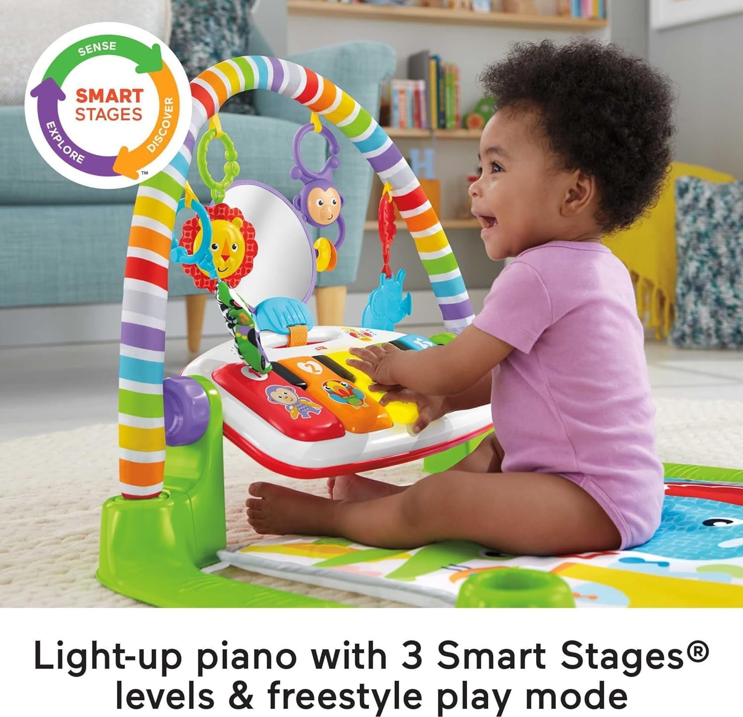 Fisher-Price Baby Playmat Deluxe Kick & Play Piano Gym, Green Musical Learning Toy with Developmental Activities for Newborns 0+ Months