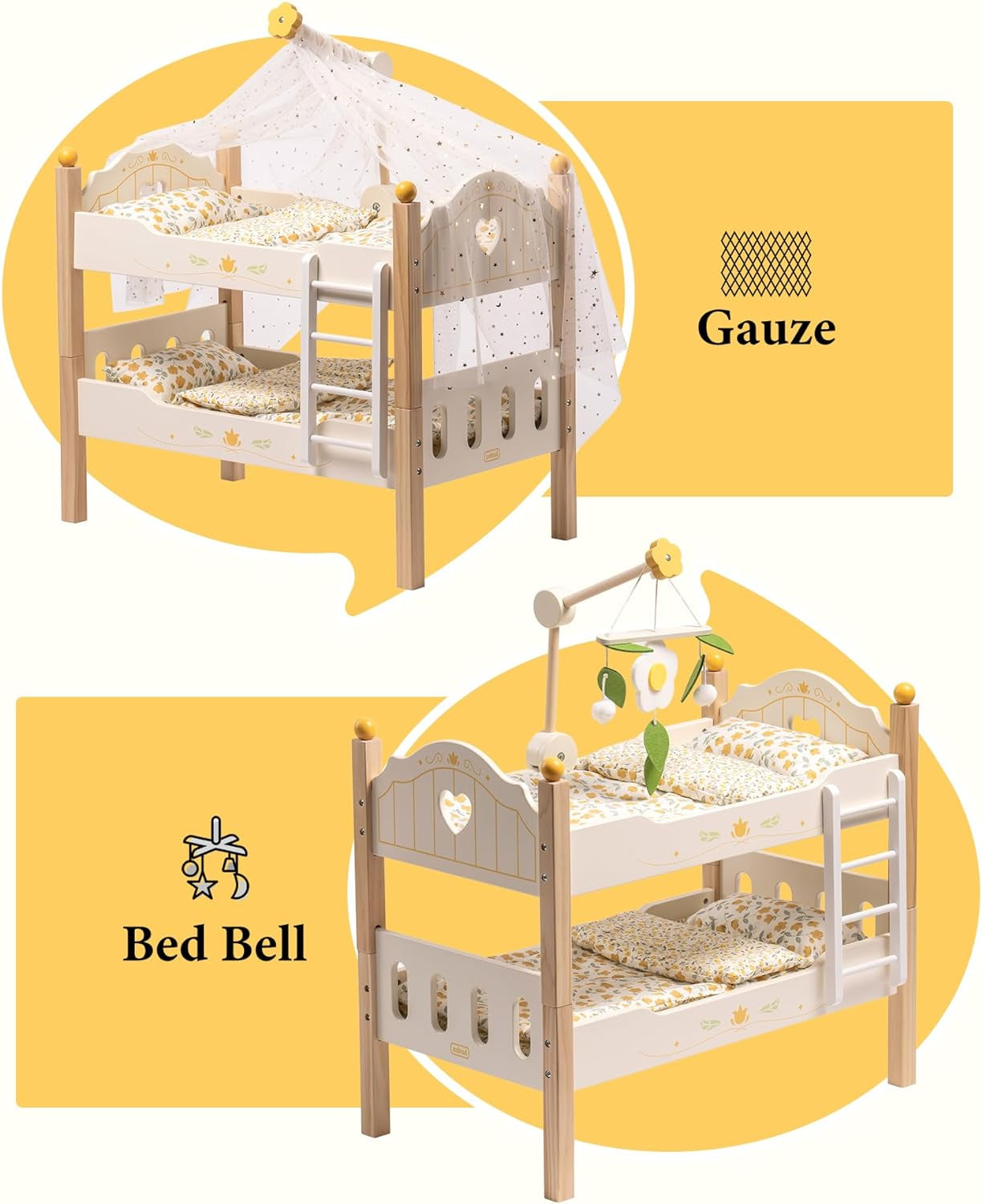 ROBUD Toys Doll Bunk Bed Set - Wooden Play Baby Doll Crib with Ladders and Accessories for 18 Inch Dolls (2 Beds, Fits American Girls)