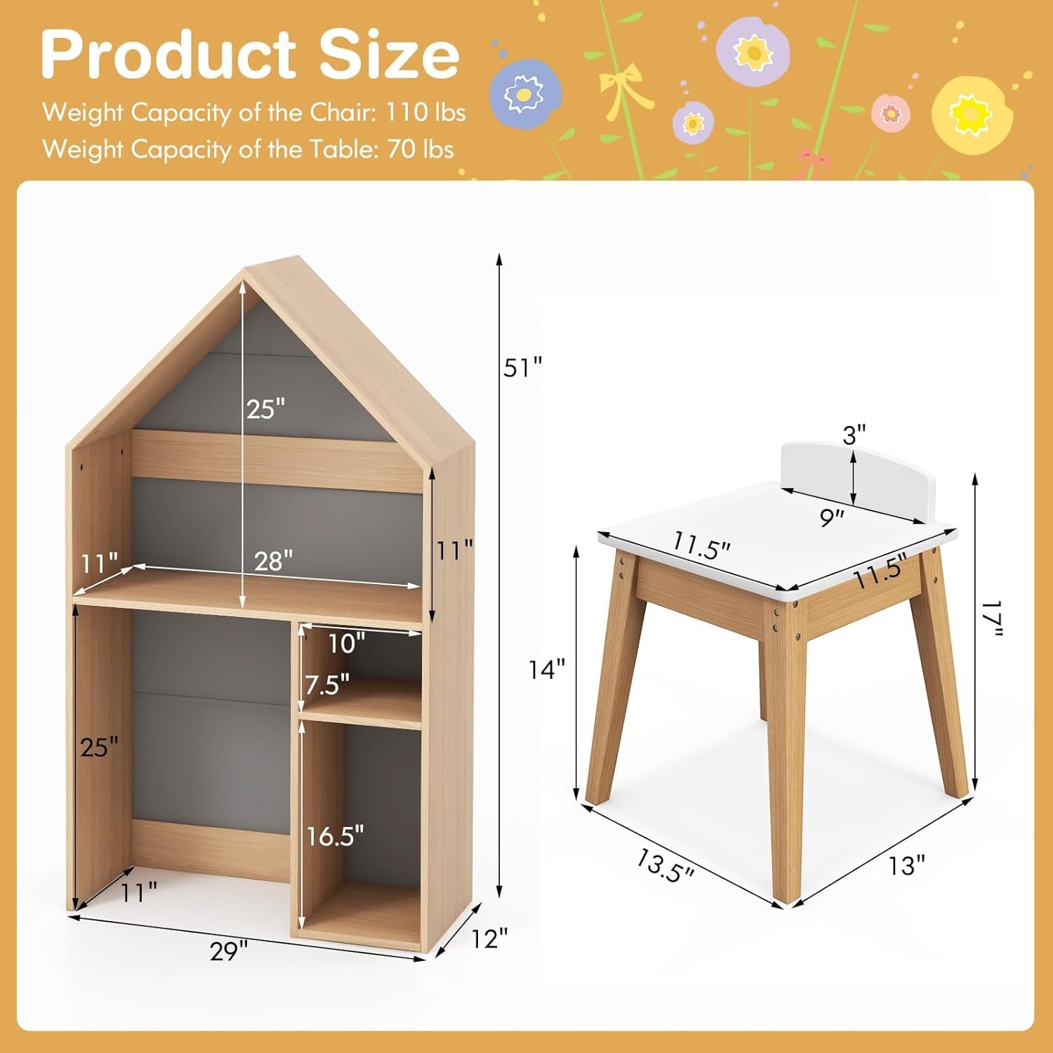 Costzon Kids Table and Chair Set, 2-In-1 House-Shaped Wooden Desk Set & Storage Organizer with Blackboard, Toddler Desk and Chair Set for Drawing, Reading, Gift for Boys Girls (Grey)