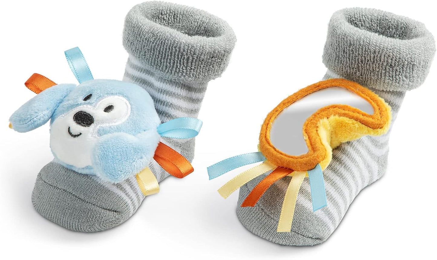 DEMDACO Puppy 3-6 Months Blue and Grey Baby Rattle and Mirror Activity Sock Set