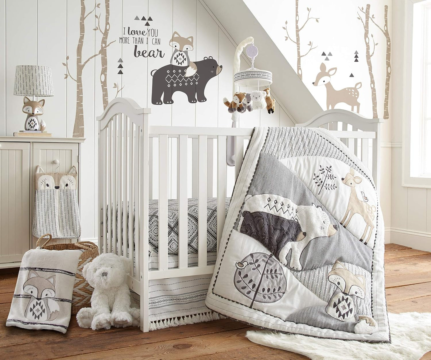 Levtex Baby - Bailey Crib Bed Set - Baby Nursery Set - Charcoal, Taupe, White - Neutral Forest Theme - 5 Piece Set Includes Quilt, Fitted Sheet, Diaper Stacker, Wall Decal & Skirt/Dust Ruffle