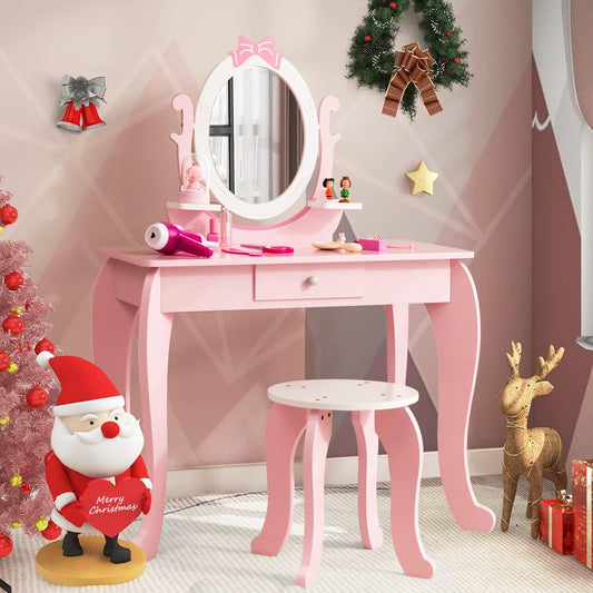 Costzon Kids Vanity Set with Mirror, 2 in 1 Princess Makeup Dressing Table W/Detachable Top, Toddler Vanity with 360° Rotating Mirror, Drawer & Stool, Pretend Play Vanity Set for Little Girls, Pink