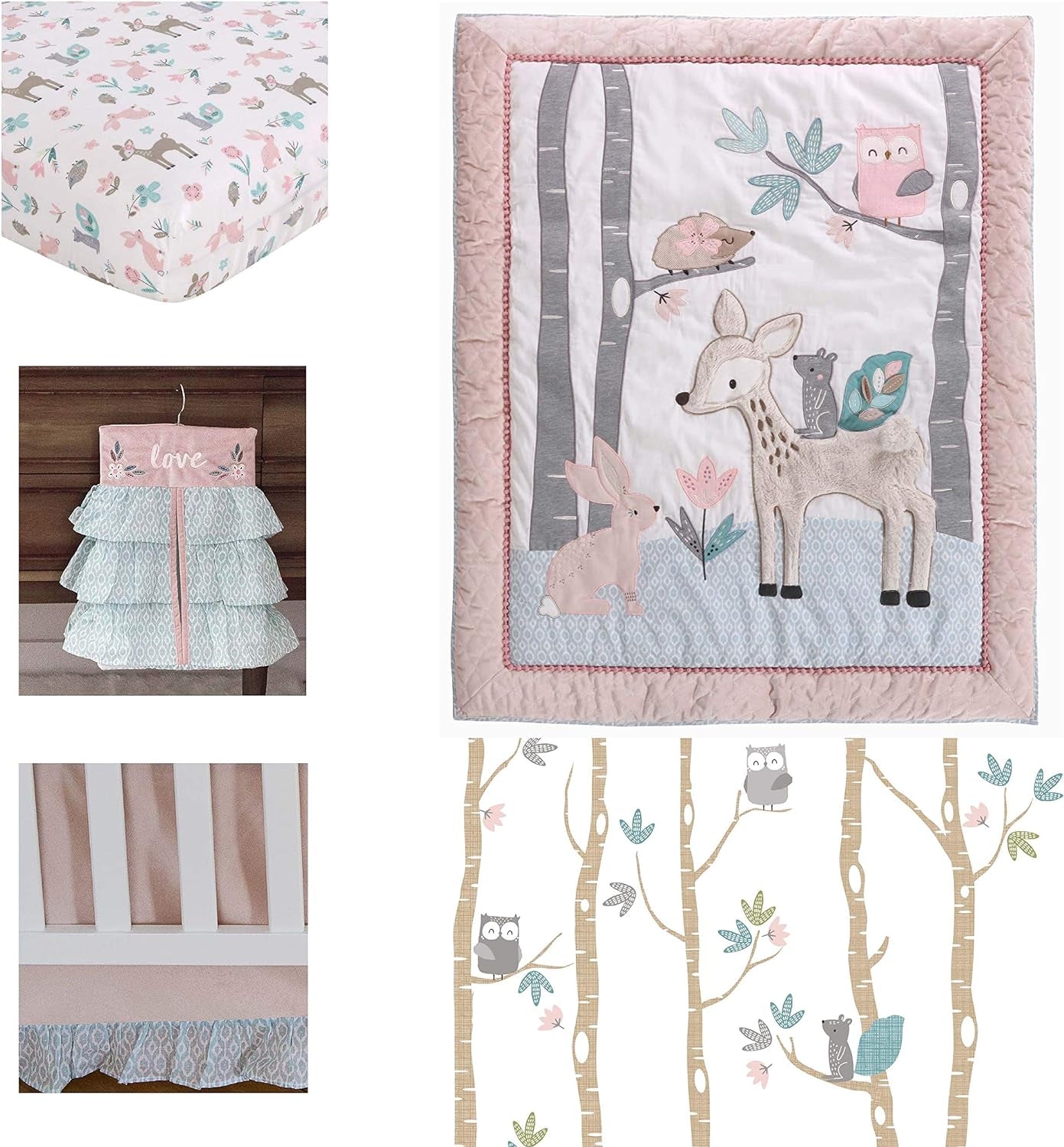 Levtex Baby - Everly Crib Bed Set - Baby Nursery Set - Aqua Blush Grey Teal - Woodland Deer and Friends - 5 Piece Set Includes Quilt, Fitted Sheet, Diaper Stacker, Wall Decal & Bed Skirt/Dust Ruffle