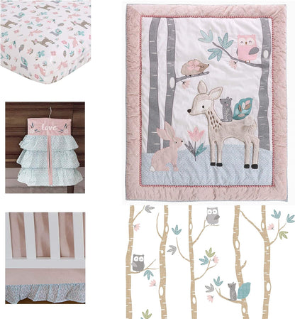 Levtex Baby - Everly Crib Bed Set - Baby Nursery Set - Aqua Blush Grey Teal - Woodland Deer and Friends - 5 Piece Set Includes Quilt, Fitted Sheet, Diaper Stacker, Wall Decal & Bed Skirt/Dust Ruffle