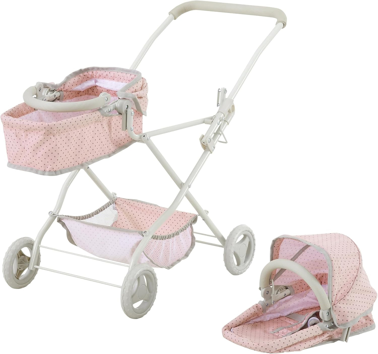 Olivia'S Little World Polka Dot Princess Baby Doll Twin Bassinet Stroller with Retractable Canopy & Storage, Pink/Gray