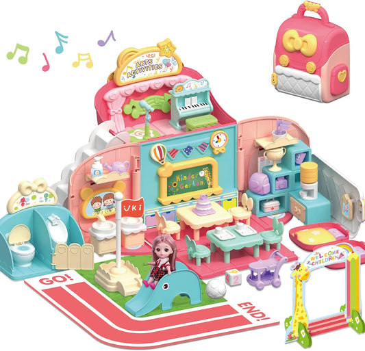 Iplay, Ilearn Kids Dollhouse Toy Playset, Girls Pretend Play Doll House School Set W/ Portable Backpack and Accessories, Birthday Gifts for Age 3 4 5 6 Year Old Kindergarten Toddlers Preschoolers