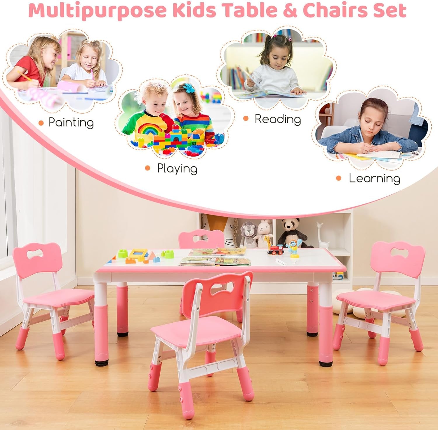 Costzon Kids Table and 4 Chair Set, Height Adjustable Toddler Desk and Chairs with Graffiti Desktop, Non-Slip Legs, Children Art Study Multi-Activity Table Set for Home, Daycare, School (Natural)