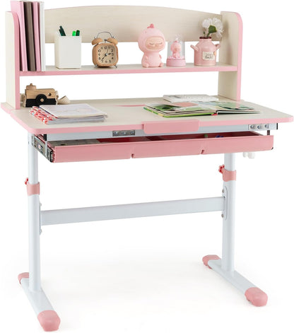 Costzon Kids Desk, Height Adjustable Children Study Desk with Tilt Desktop, Storage Drawer, Hutch, Scale Ruler, Student Writing Table School Desk for Boys Girls Bedroom, Desk for Kids (Pink)