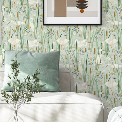 Ismoon Green Wallpaper Peel and Stick Cranes Egret Wallpaper Light Green Contact Paper Floral Bids Wallpaper Removable Peel and Stick Wallpaper 16.1X196In