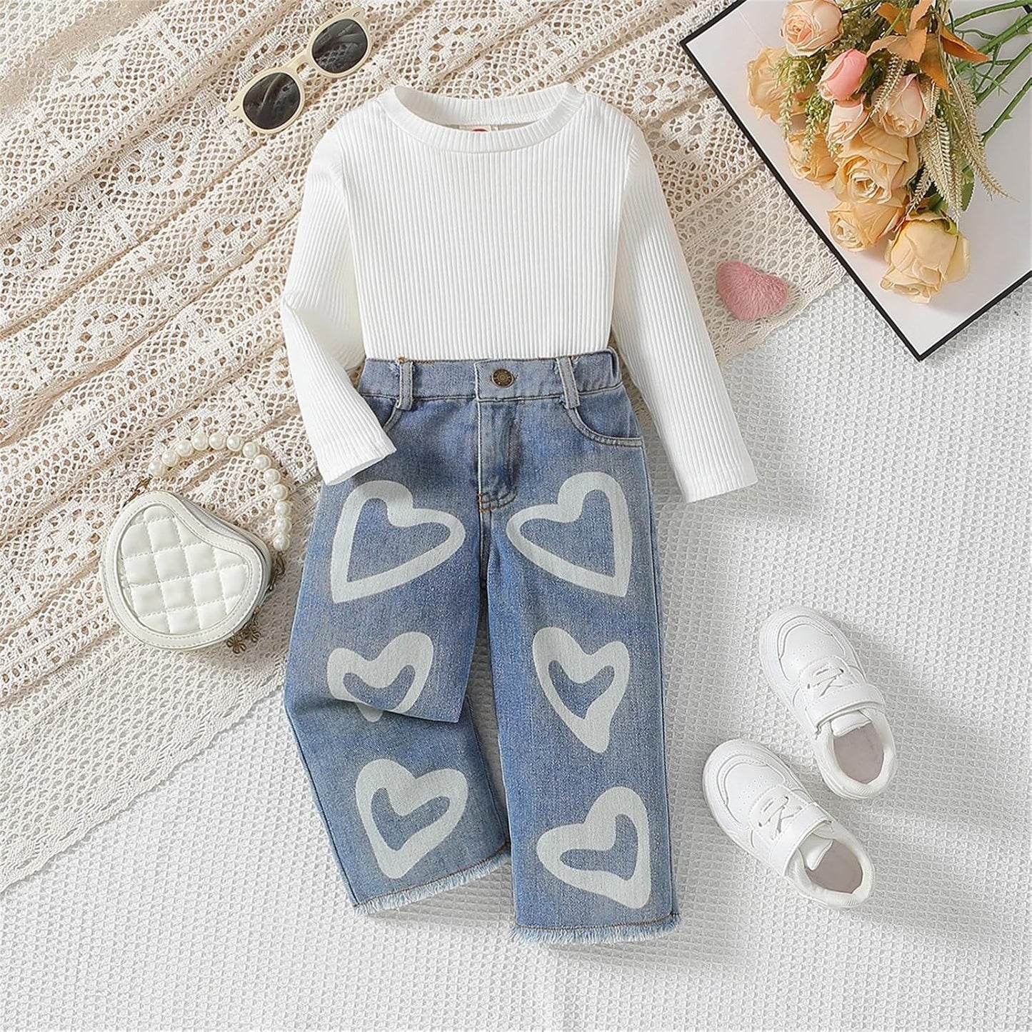 Toddler Girls Clothes 2T 3T 4T 5T Ribbed Baby Kids Girl Denim Outfits Long Sleeve Tops Love Hearts Jeans Pants