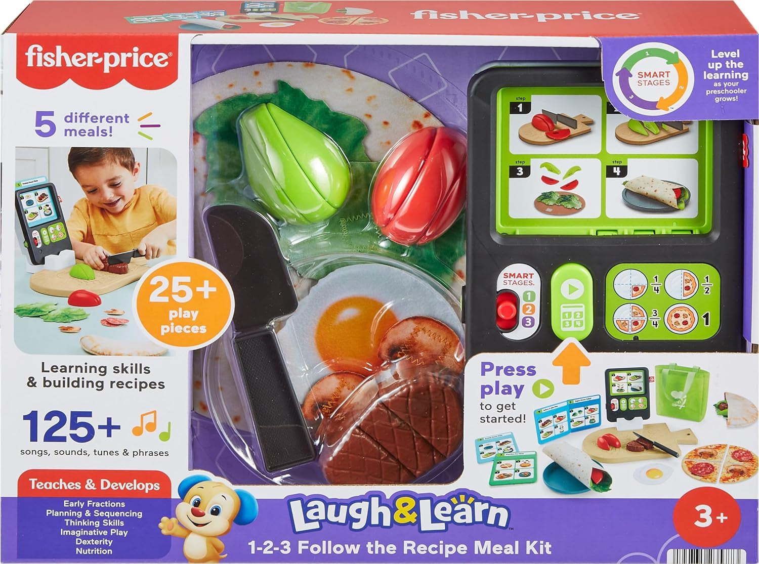 Fisher-Price Preschool Kitchen Playset Laugh & Learn 123 Follow the Recipe Meal Kit 30-Piece Pretend Cooking Toy Set for Ages 3+ Years