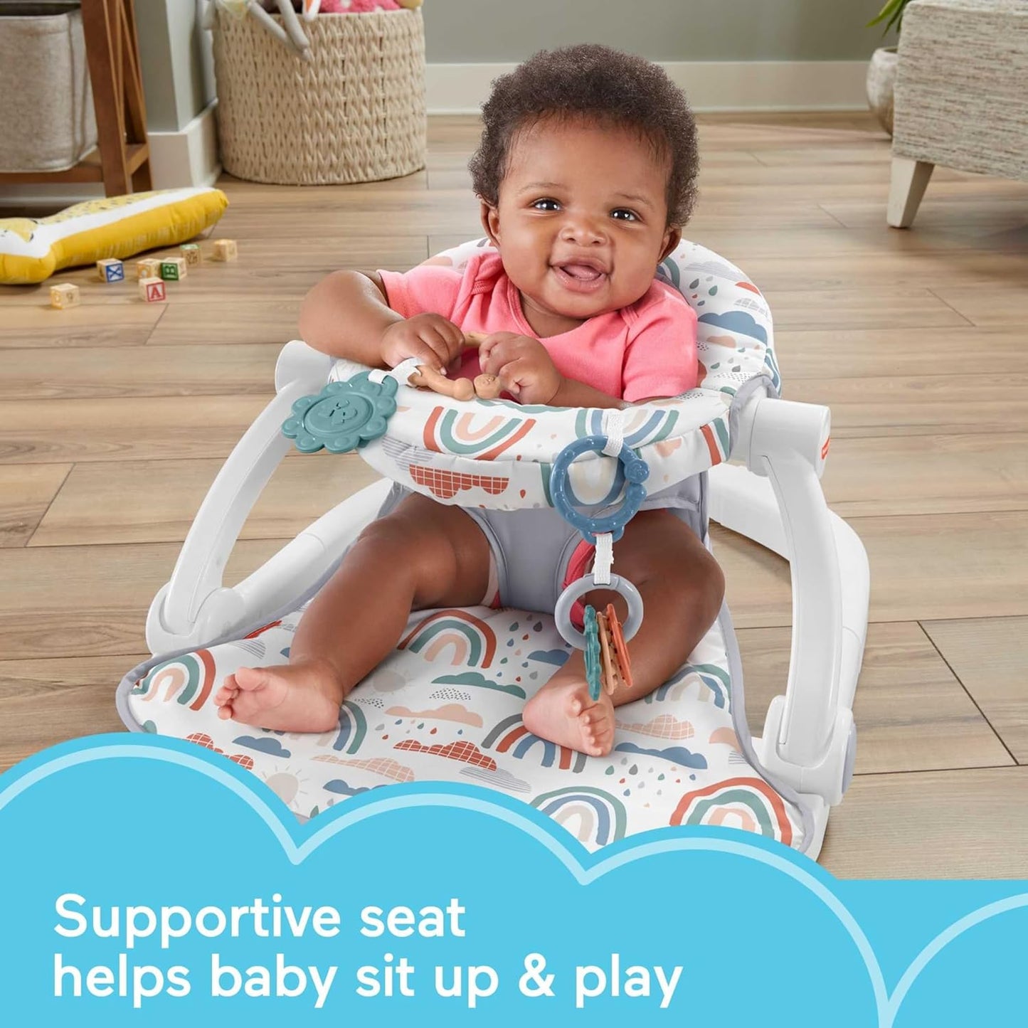 Fisher-Price Portable Baby Chair Sit-Me-Up Floor Seat with Developmental Toys & Machine Washable Seat Pad, Rainbow Sprinkles