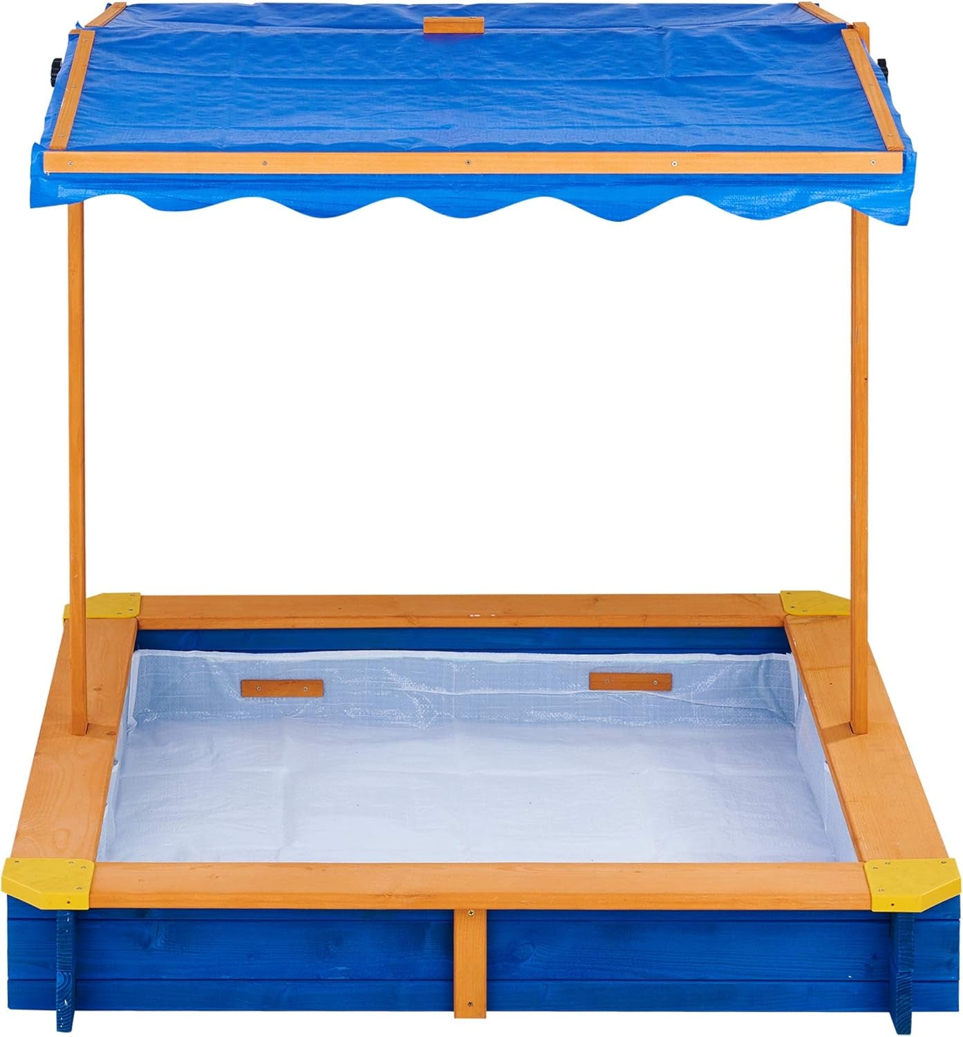 Teamson Kids Outdoor 46 In. X 46 In. Spruce Sand Box with Adjustable Canopy and 300 Lb. Sand Capacity, Blue and Wood