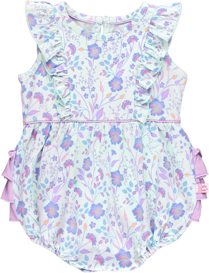 Rufflebutts® Baby/Toddler Girls Light Wash Denim Bow-Front Bubble Romper