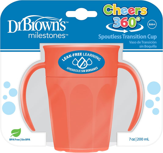 Dr. Brown'S Milestones Cheers 360 Cup Spoutless Transition Cup with Handles for Easy Grip and Leak-Free Learning, 7 Oz/200 Ml, 6M+