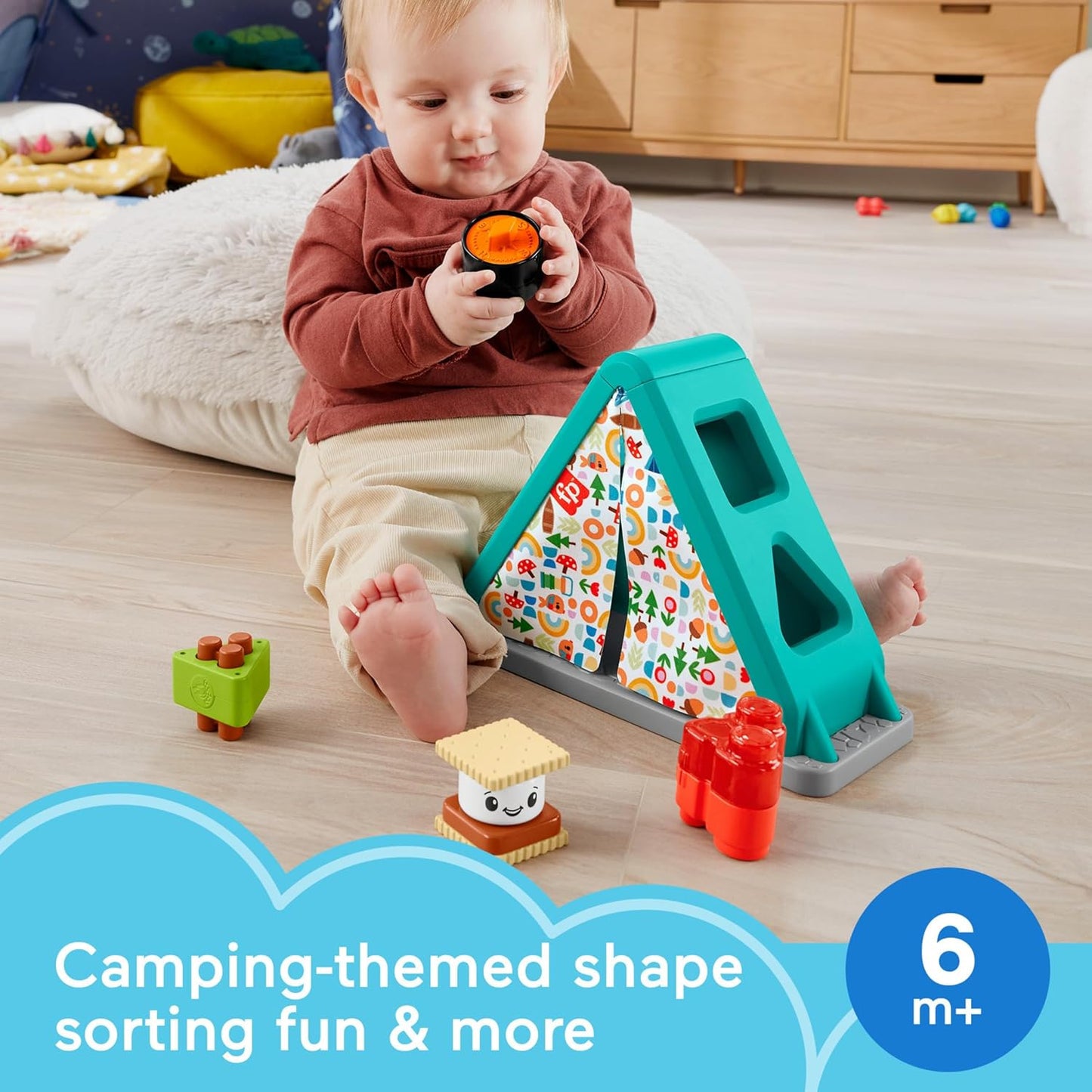 Fisher-Price Baby Developmental Toy S’More Shapes Camping Tent Block Sorting Activity for Infants Ages 6+ Months