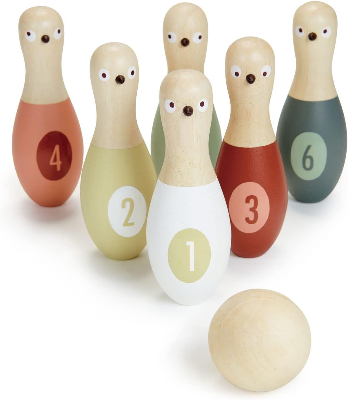 Tender Leaf Toys - Birdie Skittles - Kids Bowling Set - 6 Solid Wood Bowling Pins, Ball and Storage Bag - Fun Physical Learning for Toddler - Develop Hand-Eye Coordination and Numeracy Skills - Age 3+