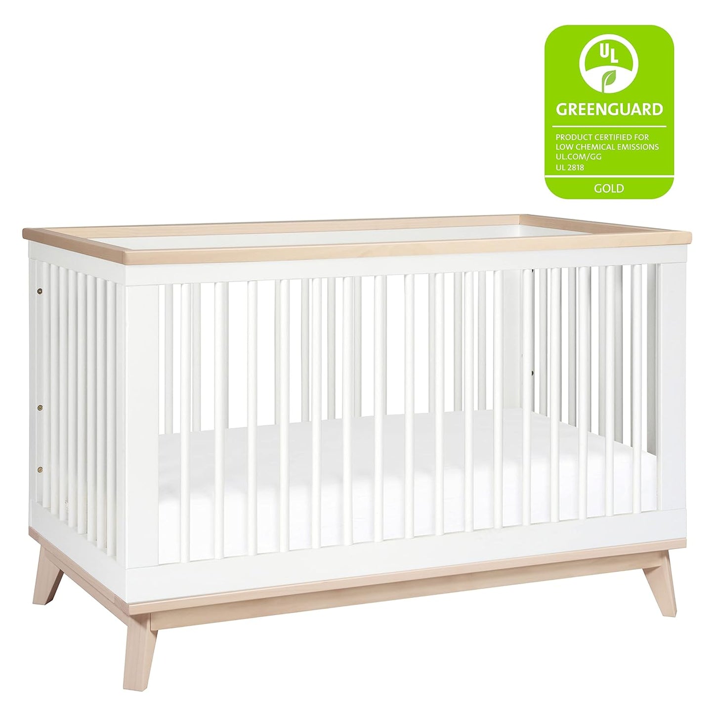 Babyletto Scoot 3-In-1 Convertible Crib with Toddler Bed Conversion Kit in White and Washed Natural, Greenguard Gold Certified