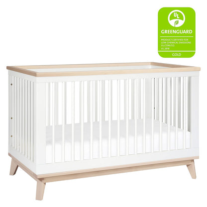 Babyletto Scoot 3-In-1 Convertible Crib with Toddler Bed Conversion Kit in White and Washed Natural, Greenguard Gold Certified